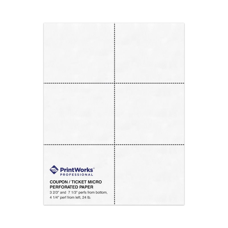 PrintWorks Professional Perforated Paper for Tickets Coupons Certificates and More 85 x 11 24 lb 3 Perfs 3 23 and 7 13 From Bottom 4 14 From Left 500 Sheets White 04334
