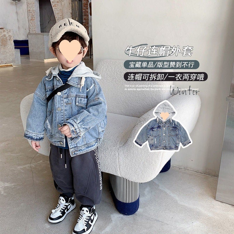 Children'S Denim Coat Boys Baby Coat Hooded Western Style Thin Velvet Children'S Clothing Korean Fashion - Image 2
