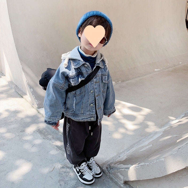 Children'S Denim Coat Boys Baby Coat Hooded Western Style Thin Velvet Children'S Clothing Korean Fashion - Image 5