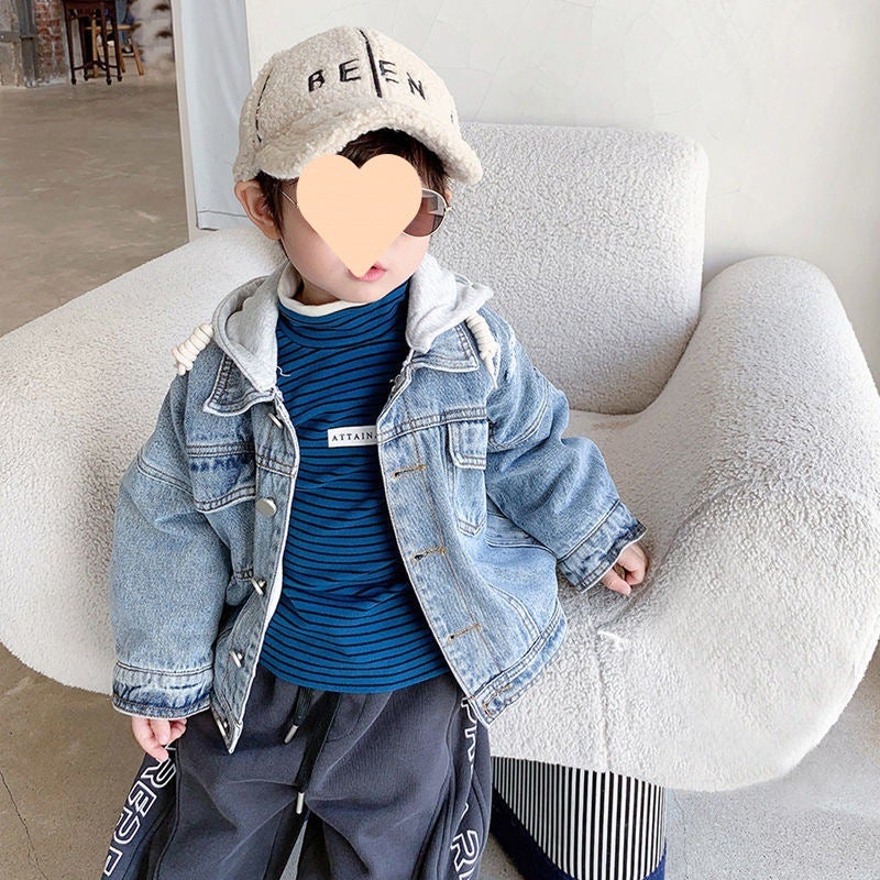 Children'S Denim Coat Boys Baby Coat Hooded Western Style Thin Velvet Children'S Clothing Korean Fashion - Image 4