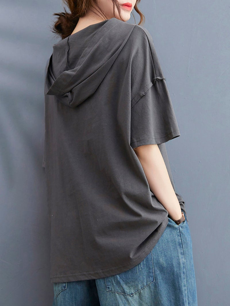 Women Loose T-shirt Hooded V Neck Half Sleeves Vintage Printed Tees - Image 4