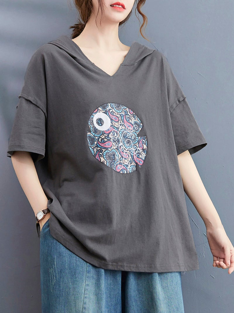 Women Loose T-shirt Hooded V Neck Half Sleeves Vintage Printed Tees - Image 3