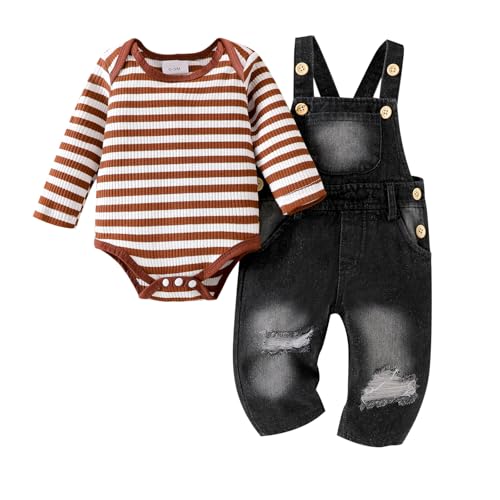 ODIMAME Baby Boy Clothes 0-3 Months Newborn Suspender Overalls Ripped Jeans + Cute Long Sleeve Striped Romper Fall Winter Outfits Brown Set - Image 1