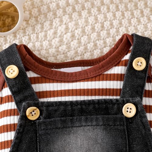 ODIMAME Baby Boy Clothes 0-3 Months Newborn Suspender Overalls Ripped Jeans + Cute Long Sleeve Striped Romper Fall Winter Outfits Brown Set - Image 4