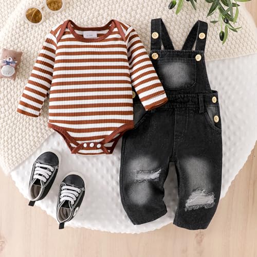 ODIMAME Baby Boy Clothes 0-3 Months Newborn Suspender Overalls Ripped Jeans + Cute Long Sleeve Striped Romper Fall Winter Outfits Brown Set - Image 2