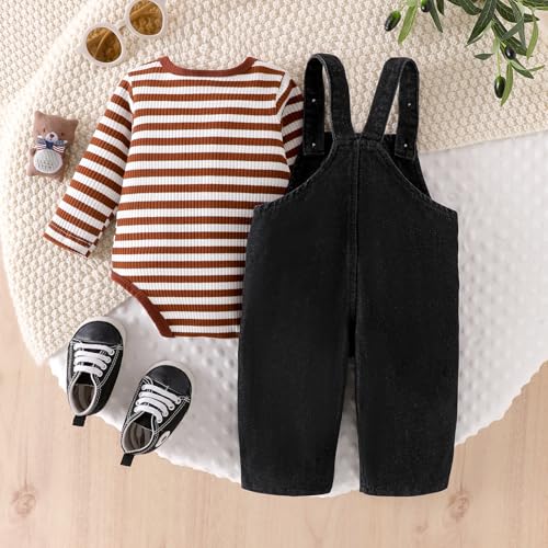 ODIMAME Baby Boy Clothes 0-3 Months Newborn Suspender Overalls Ripped Jeans + Cute Long Sleeve Striped Romper Fall Winter Outfits Brown Set - Image 3