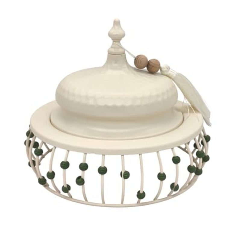 Traditional Moroccan cooking container: metal tajine with decorative green beads, cream white, 28 x 17 cm, domed lid with tassel - Image 4