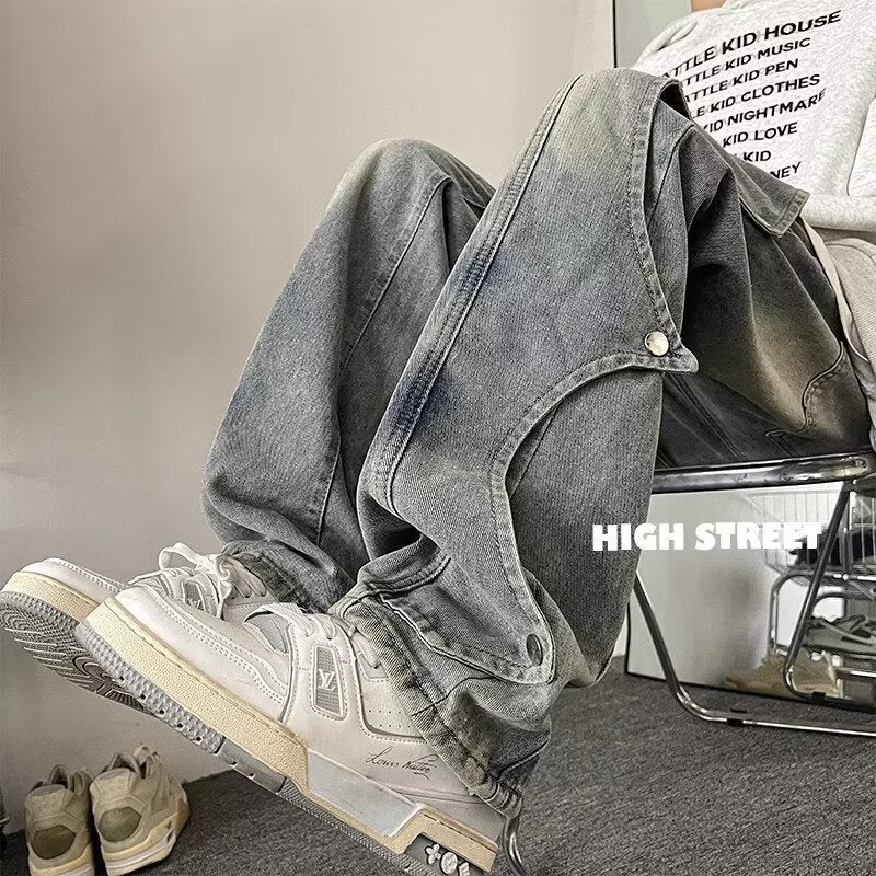 Mens Spring Casual Work Denim Pants Vibe Loose Straight Blue - Image 2