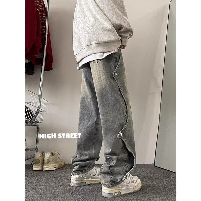 Mens Spring Casual Work Denim Pants Vibe Loose Straight Blue - Image 4