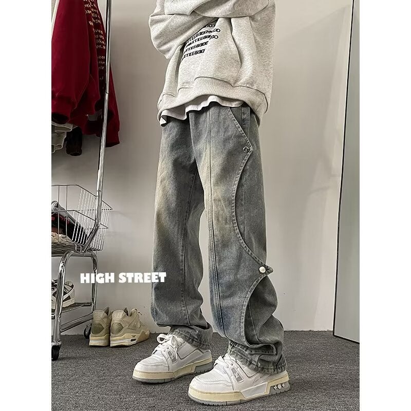 Mens Spring Casual Work Denim Pants Vibe Loose Straight Blue - Image 1