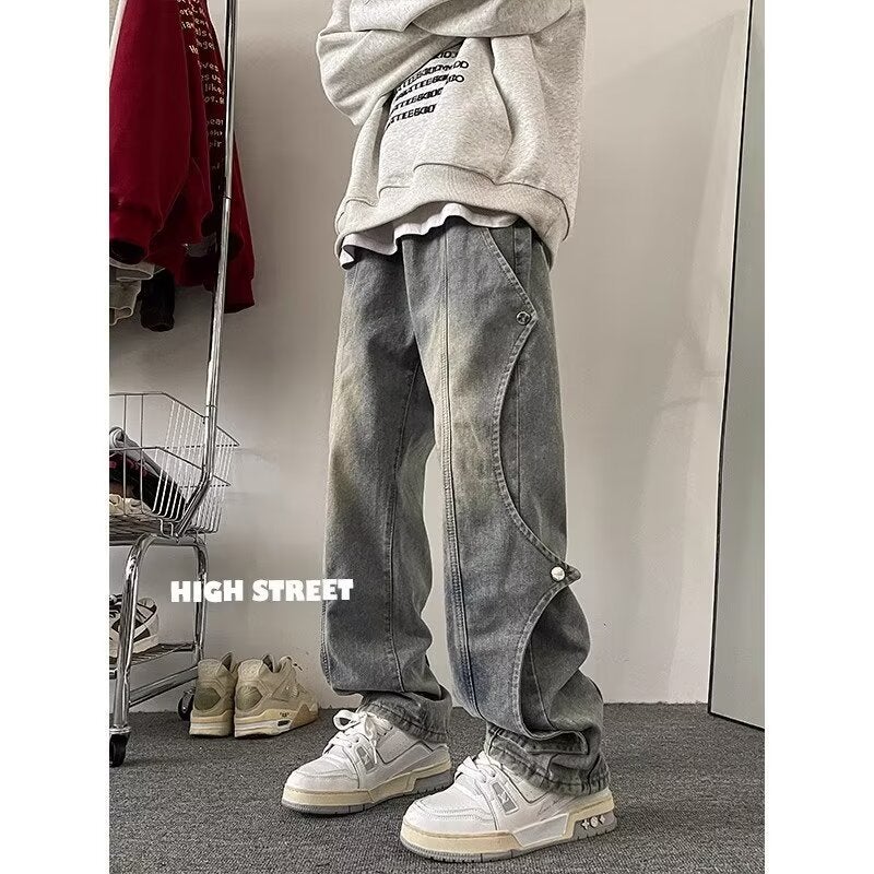 Mens Spring Casual Work Denim Pants Vibe Loose Straight Blue - Image 3