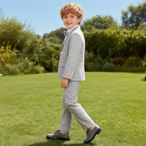 LOLANTA Boys Suit Wedding Ring Bearer Outfit Kids Suit Set, Plaid Blazer Suit Pants Bow Tie (Grey 10-11 Years) - Image 5