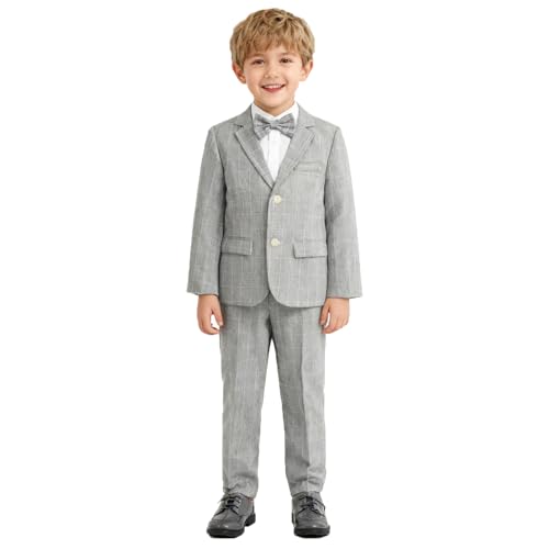 LOLANTA Boys Suit Wedding Ring Bearer Outfit Kids Suit Set, Plaid Blazer Suit Pants Bow Tie (Grey 10-11 Years) - Image 1