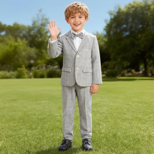 LOLANTA Boys Suit Wedding Ring Bearer Outfit Kids Suit Set, Plaid Blazer Suit Pants Bow Tie (Grey 10-11 Years) - Image 4