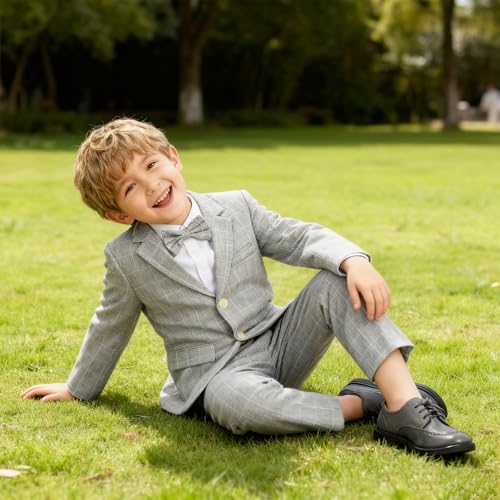 LOLANTA Boys Suit Wedding Ring Bearer Outfit Kids Suit Set, Plaid Blazer Suit Pants Bow Tie (Grey 10-11 Years) - Image 3