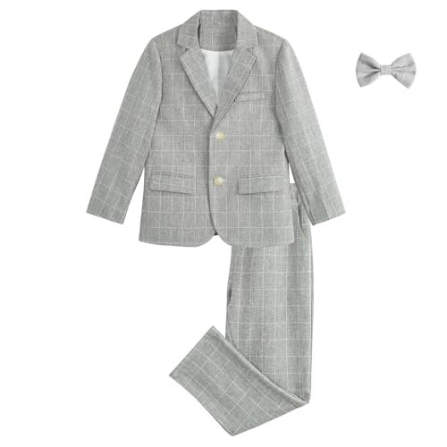 LOLANTA Boys Suit Wedding Ring Bearer Outfit Kids Suit Set, Plaid Blazer Suit Pants Bow Tie (Grey 10-11 Years) - Image 2