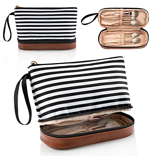 Ethereal Small Makeup Bag for Purse, Stripe Makeup Brush Organizer Bag Travel Make up Bags for Women Double Layer Makeup Pouch for Girls/Women - Image 1