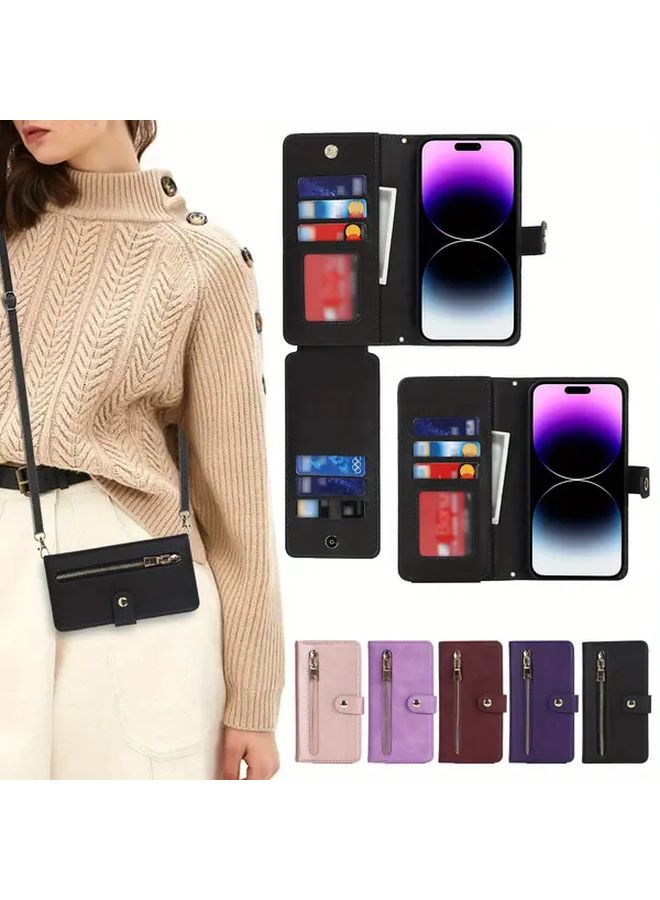 Large Capacity Crossbody Phone Wallet Case With Credit Card Holder For iPhone 15 Plus Light Purple Faux Leather Pouch For Men And Women - Image 2