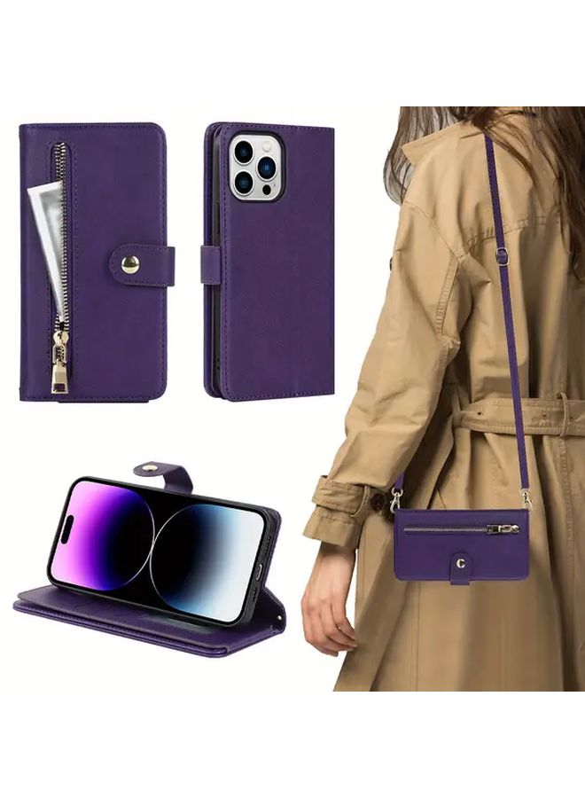 Large Capacity Crossbody Phone Wallet Case With Credit Card Holder For iPhone 15 Plus Light Purple Faux Leather Pouch For Men And Women - Image 1