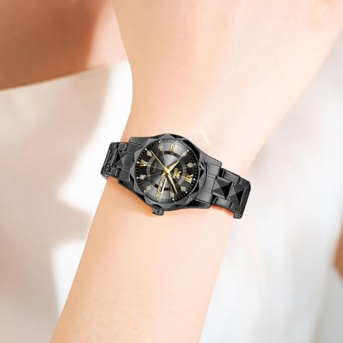 OPK Womens Watch Black Fashion Female Watches for Ladies Analog Quartz Stainless Steel Waterproof Luminous Day Date Two Tone Wristwatch - Image 4