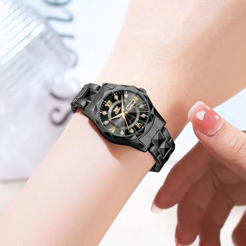 OPK Womens Watch Black Fashion Female Watches for Ladies Analog Quartz Stainless Steel Waterproof Luminous Day Date Two Tone Wristwatch - Image 3