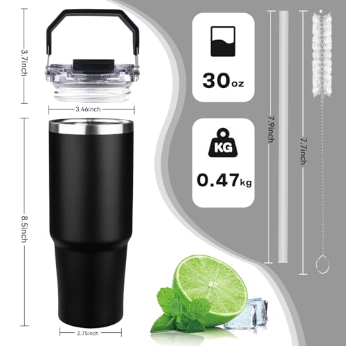 FLIFQI 30oz Tumbler with Handle and Flip Straw Lid Double Wall Insulated Travel Coffee Mug Stainless Steel Vacuum Insulated Coffee Tumbler Cup for Hot and Cold Beverages,Leak-proof&BPA-free (30oz,Black) - Image 2