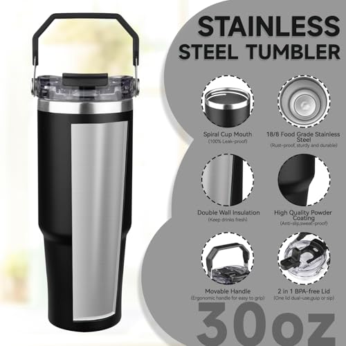 FLIFQI 30oz Tumbler with Handle and Flip Straw Lid Double Wall Insulated Travel Coffee Mug Stainless Steel Vacuum Insulated Coffee Tumbler Cup for Hot and Cold Beverages,Leak-proof&BPA-free (30oz,Black) - Image 3