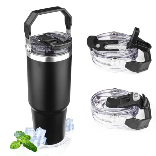FLIFQI 30oz Tumbler with Handle and Flip Straw Lid Double Wall Insulated Travel Coffee Mug Stainless Steel Vacuum Insulated Coffee Tumbler Cup for Hot and Cold Beverages,Leak-proof&BPA-free (30oz,Black) - Image 1