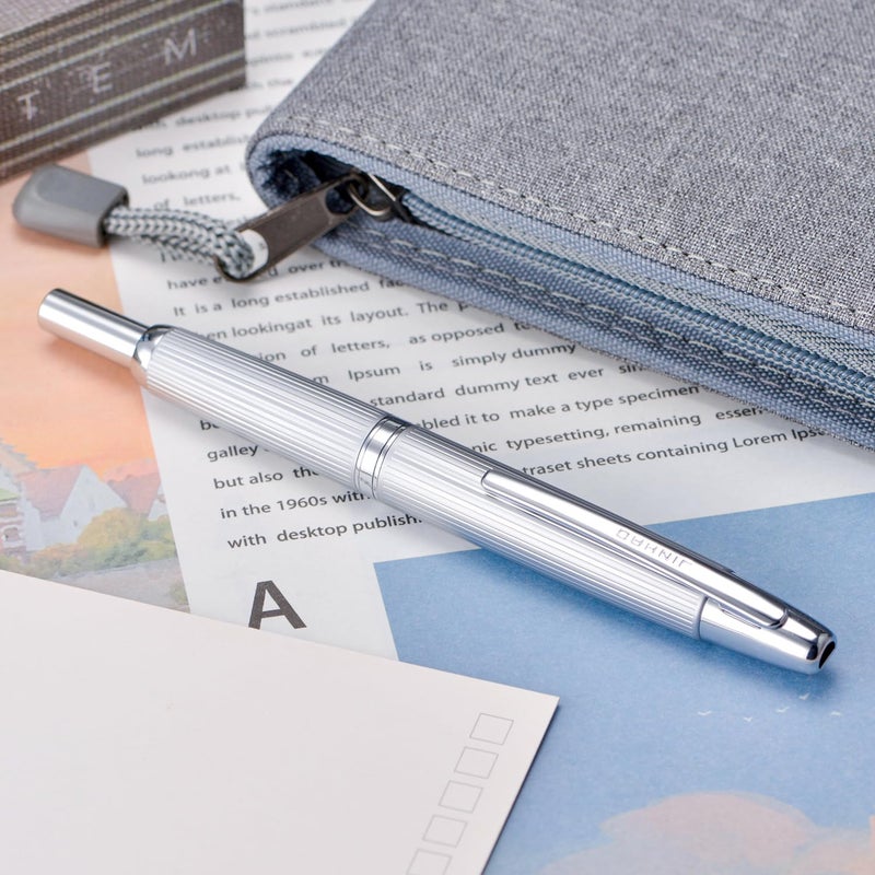 Wikult Jinhao 10 Press Fountain Pen with Box, Matt Black Chromium Retractable Extra Fine Nib with Ink Converter Set (Clip Version) - Image 3