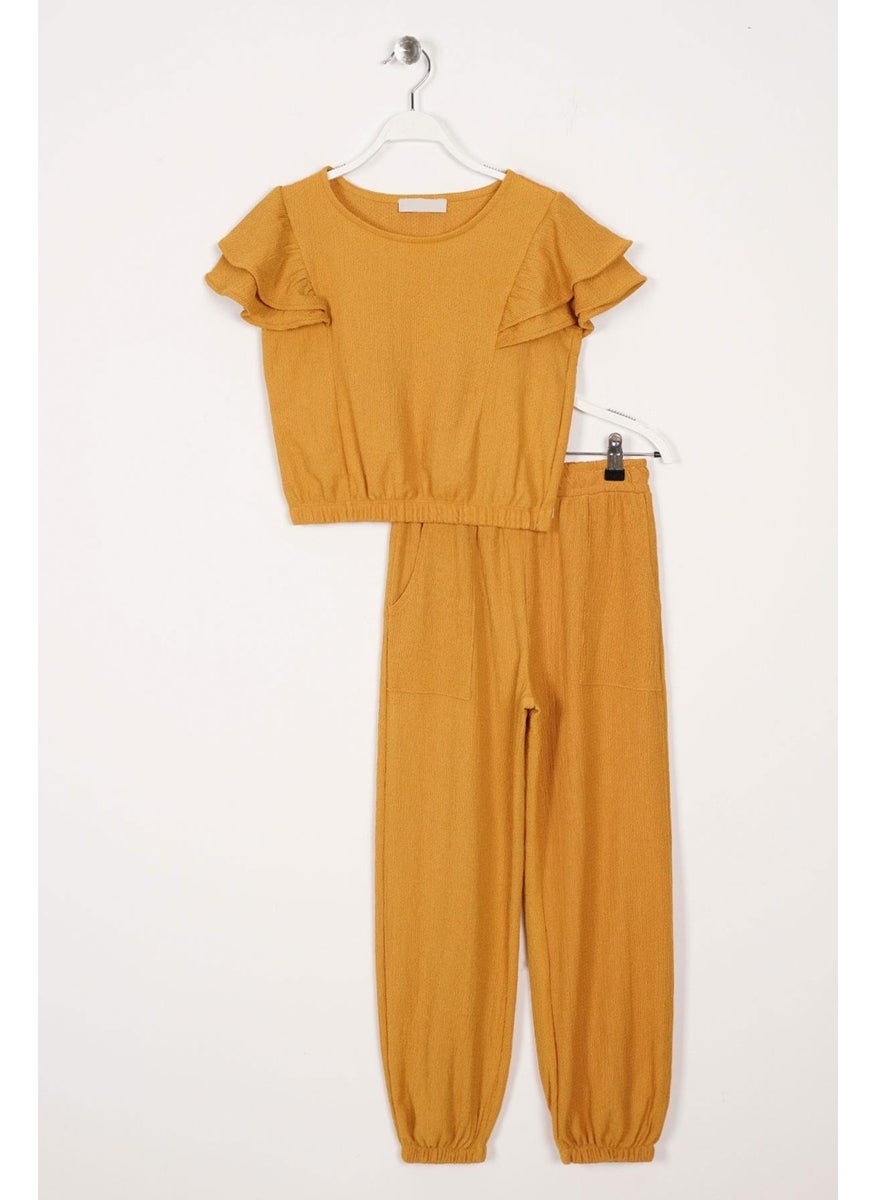 WEWE Crew Neck Ruffle Sleeve Frilled Sleeve Edges Elastic Waist Legs Mustard Color Girl's Two Piece Set  - Image 1