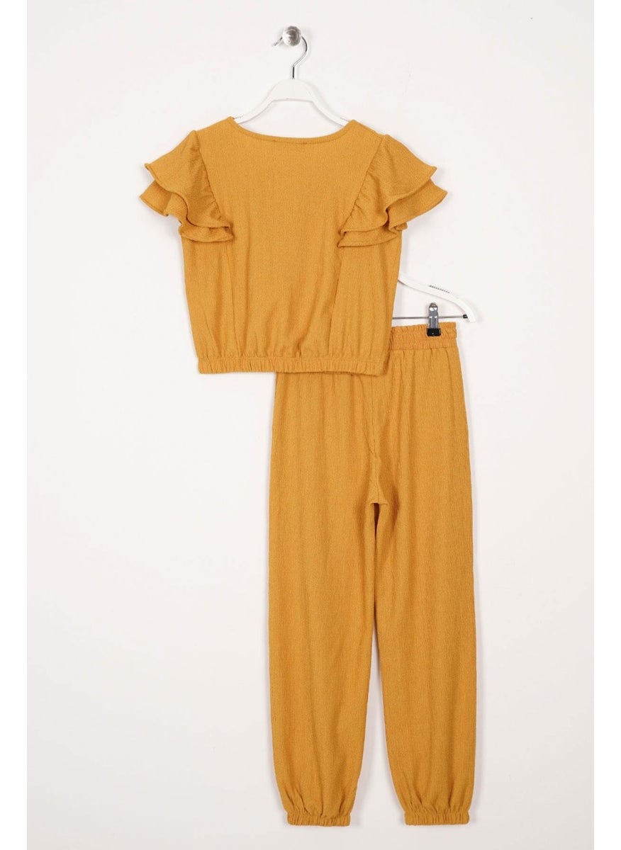 WEWE Crew Neck Ruffle Sleeve Frilled Sleeve Edges Elastic Waist Legs Mustard Color Girl's Two Piece Set  - Image 3
