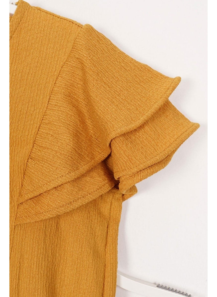 WEWE Crew Neck Ruffle Sleeve Frilled Sleeve Edges Elastic Waist Legs Mustard Color Girl's Two Piece Set  - Image 2