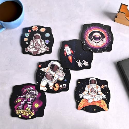 Gift Kya De GKD Coaster Set of 6 Astronaut Theme Design Wooden Coasters to Serve Tea Cups, Coffee Mugs and Glasses (3.5 x 3.5 inch) (Square) (Ecofriendly) - Image 1