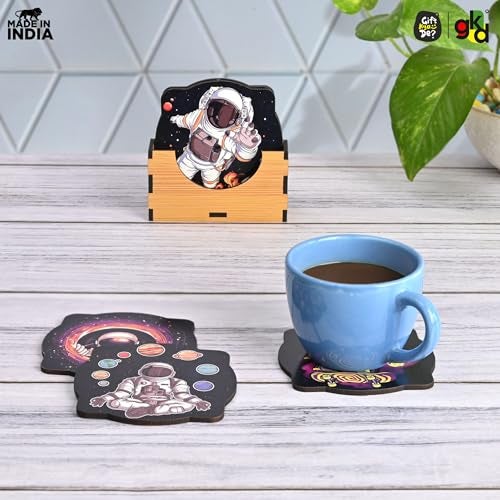 Gift Kya De GKD Coaster Set of 6 Astronaut Theme Design Wooden Coasters to Serve Tea Cups, Coffee Mugs and Glasses (3.5 x 3.5 inch) (Square) (Ecofriendly) - Image 3