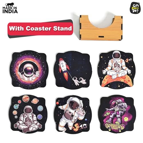 Gift Kya De GKD Coaster Set of 6 Astronaut Theme Design Wooden Coasters to Serve Tea Cups, Coffee Mugs and Glasses (3.5 x 3.5 inch) (Square) (Ecofriendly) - Image 2