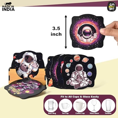 Gift Kya De GKD Coaster Set of 6 Astronaut Theme Design Wooden Coasters to Serve Tea Cups, Coffee Mugs and Glasses (3.5 x 3.5 inch) (Square) (Ecofriendly) - Image 4