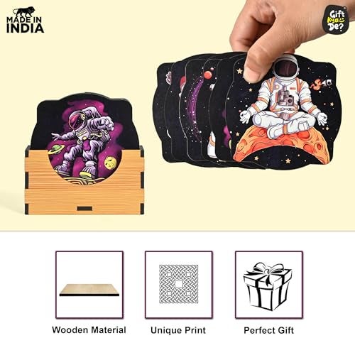 Gift Kya De GKD Coaster Set of 6 Astronaut Theme Design Wooden Coasters to Serve Tea Cups, Coffee Mugs and Glasses (3.5 x 3.5 inch) (Square) (Ecofriendly) - Image 5