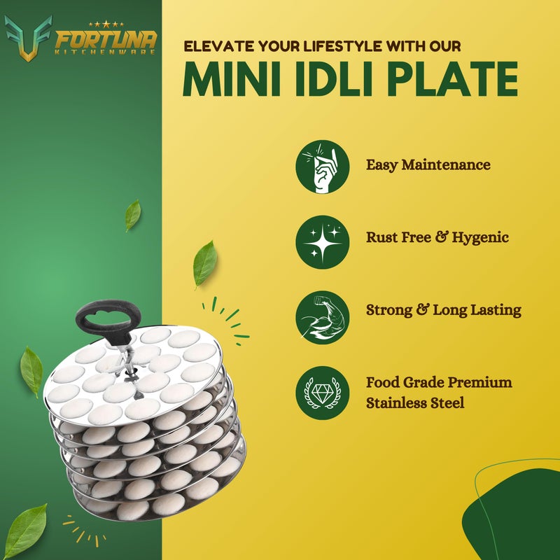 FORTUNA KITCHENWARE Fortuna Premium Stainless Steel Mini Idli Plates set of 6 | Mini Idli Stand | Mini Idli Maker Stand with 108 Idli Kulis, High Polish with Rod Picker Handle (6 Plates) - Image 3