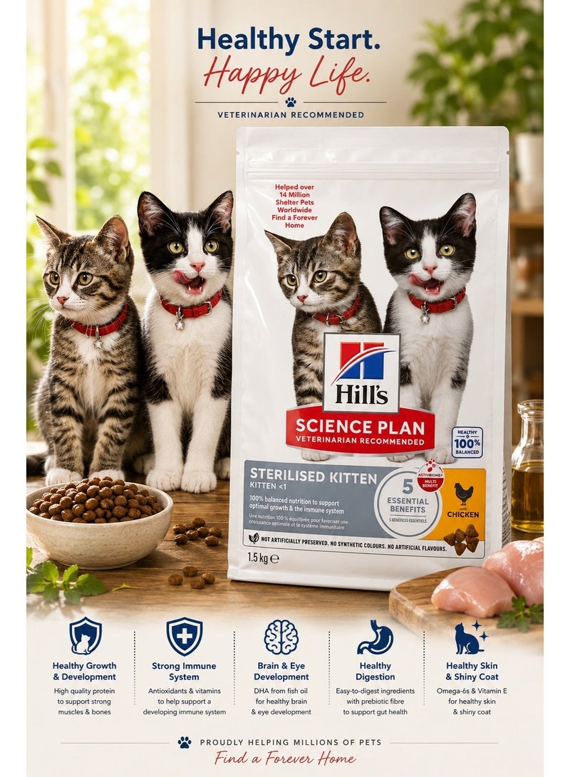 Hills Sterilised Kitten Dry Cat Food – Chicken Recipe for Sterilised Kittens ( - Image 1