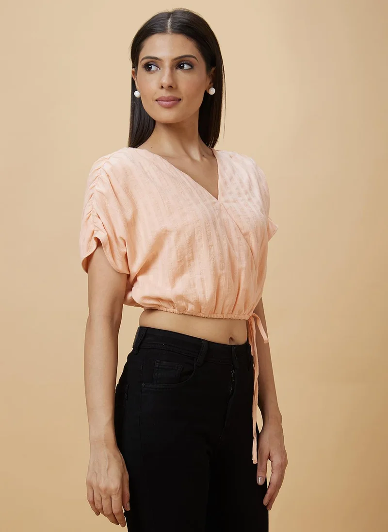 globus Globus Women Peach-Coloured V-Neck Waist Tie-Up Ruched Sleeve Cotton Crop Top