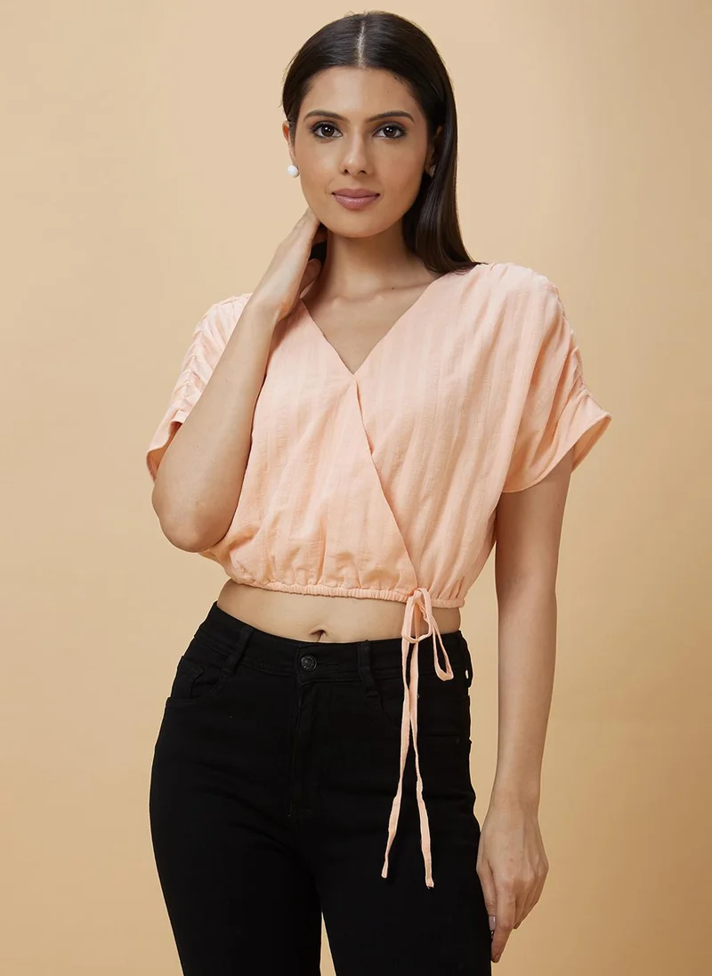 globus Globus Women Peach-Coloured V-Neck Waist Tie-Up Ruched Sleeve Cotton Crop Top
