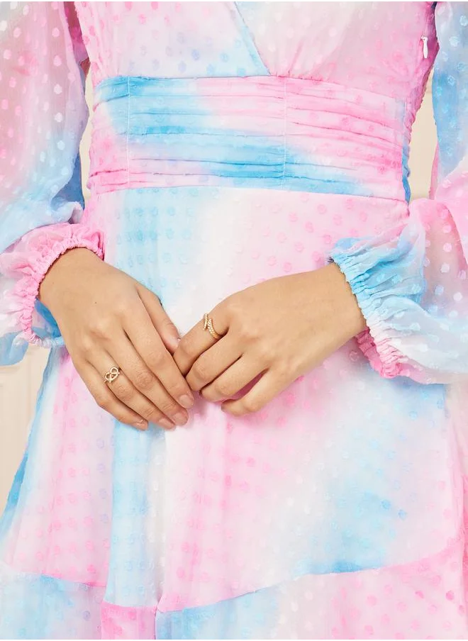 Styli Dobby Tie and Dye Print Layered Tiered Midi Dress