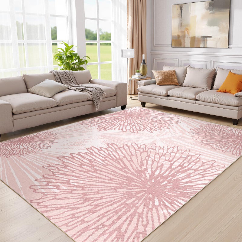 WITSHOCK Pink Rug 8x10 Living Room: Washable Modern Large Neutral Floral Rugs Soft Cute Indoor Non Slip Carpet for Bedroom Girls Nursery Kids Playroom Preppy Baby Room Dining Room Office Home - Image 2