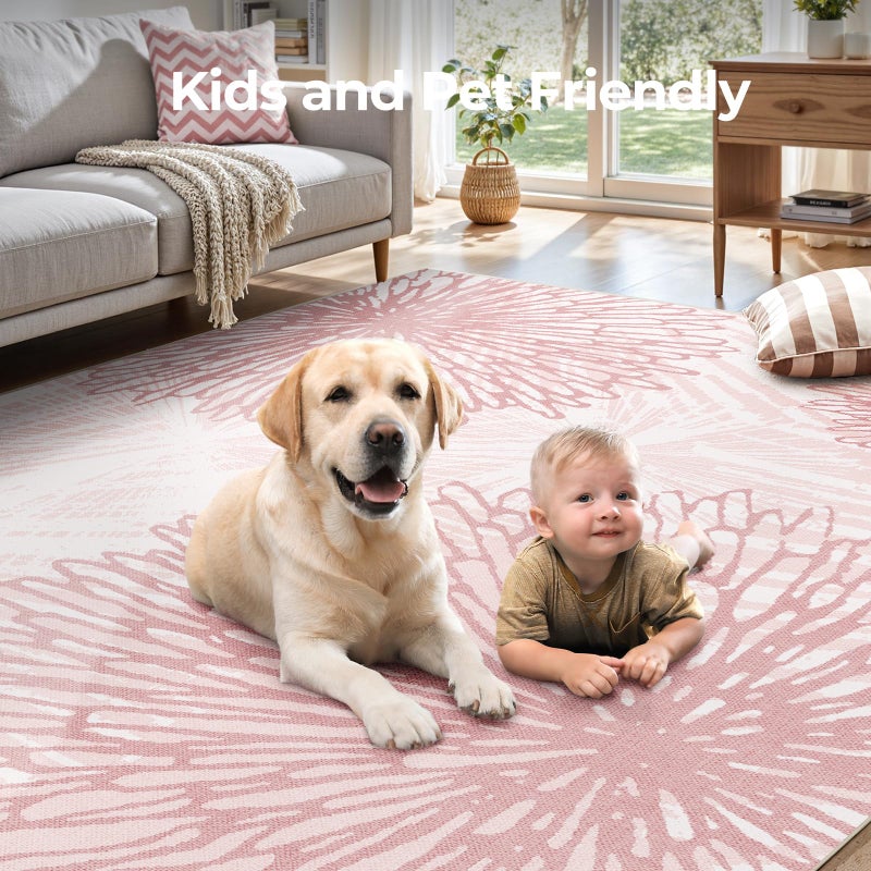WITSHOCK Pink Rug 8x10 Living Room: Washable Modern Large Neutral Floral Rugs Soft Cute Indoor Non Slip Carpet for Bedroom Girls Nursery Kids Playroom Preppy Baby Room Dining Room Office Home - Image 5