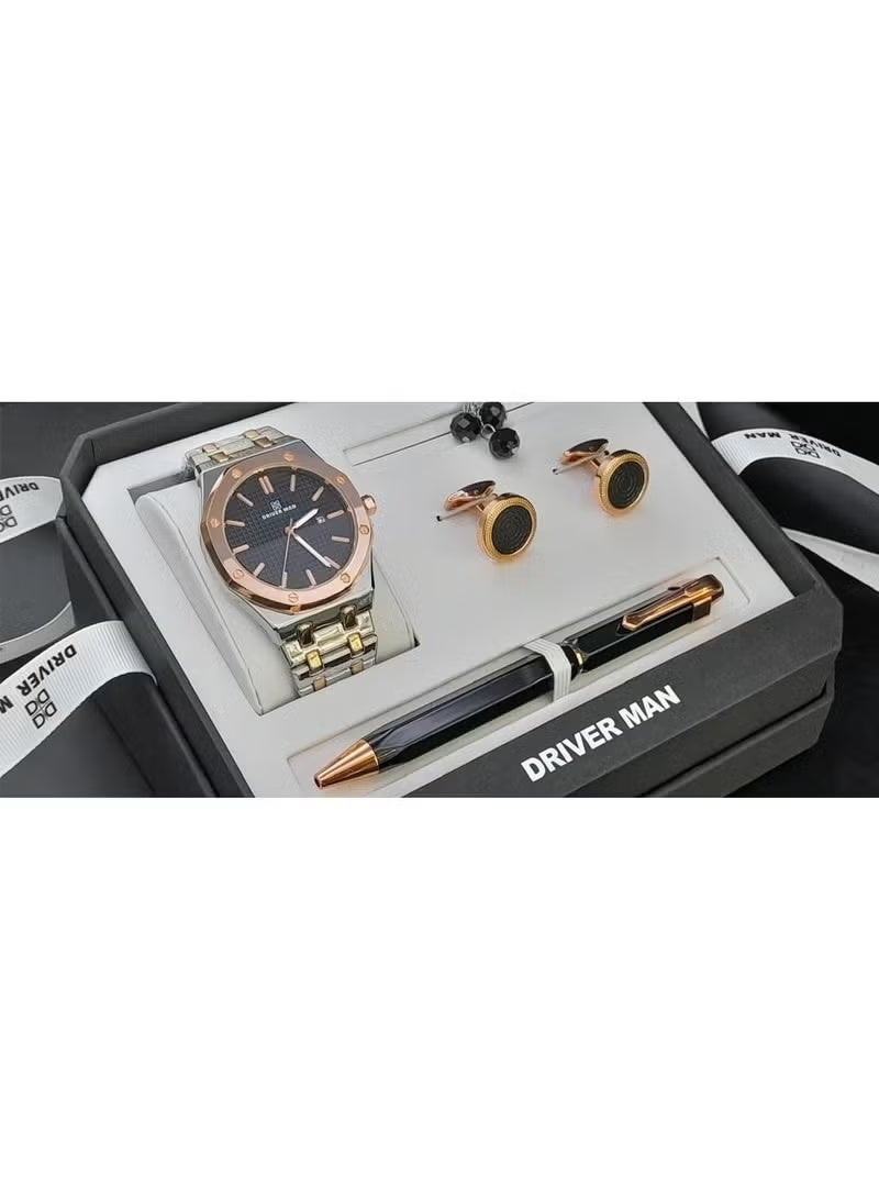 A men's gift set including a wristwatch, pen, cufflinks, and a matching rosary.