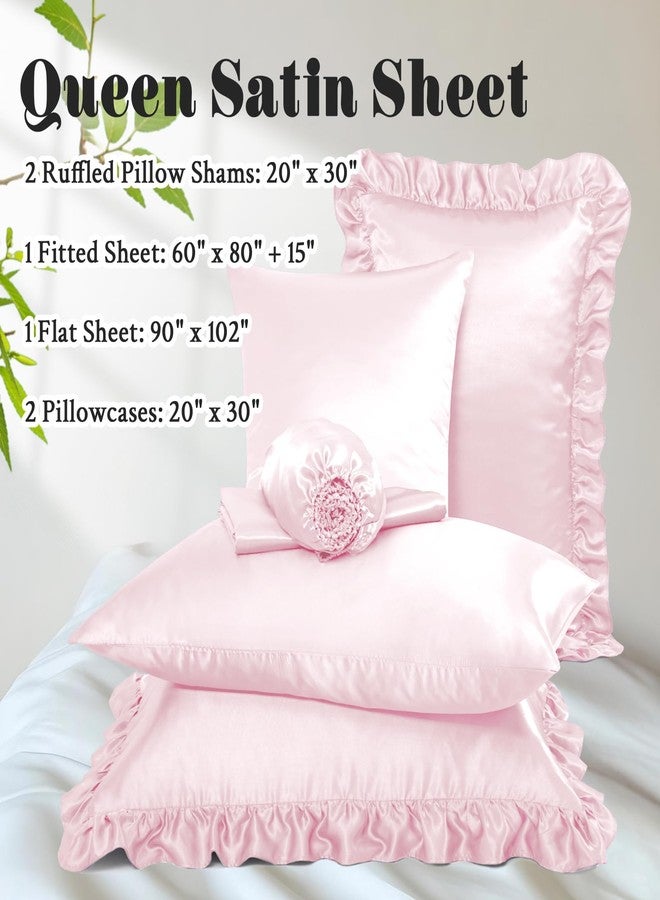 Homiest Ruffled Satin Sheets Queen Size 6pc Set - Blush Pink Bed Sheet Set with 15 Inch Deep Pocket Fitted Sheet, 1 Flat Sheet, 2 Ruffled Pillow Shams & 2 Pillowcases, Similar to Silk Sheets - Image 3