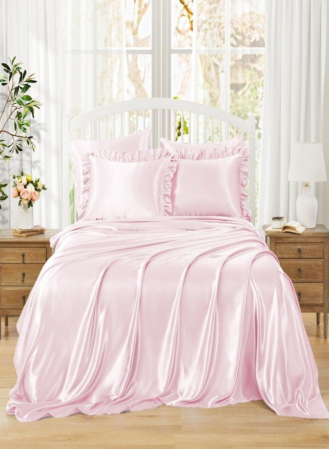Homiest Ruffled Satin Sheets Queen Size 6pc Set - Blush Pink Bed Sheet Set with 15 Inch Deep Pocket Fitted Sheet, 1 Flat Sheet, 2 Ruffled Pillow Shams & 2 Pillowcases, Similar to Silk Sheets - Image 2