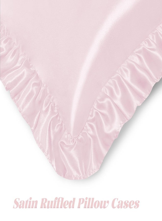 Homiest Ruffled Satin Sheets Queen Size 6pc Set - Blush Pink Bed Sheet Set with 15 Inch Deep Pocket Fitted Sheet, 1 Flat Sheet, 2 Ruffled Pillow Shams & 2 Pillowcases, Similar to Silk Sheets - Image 5