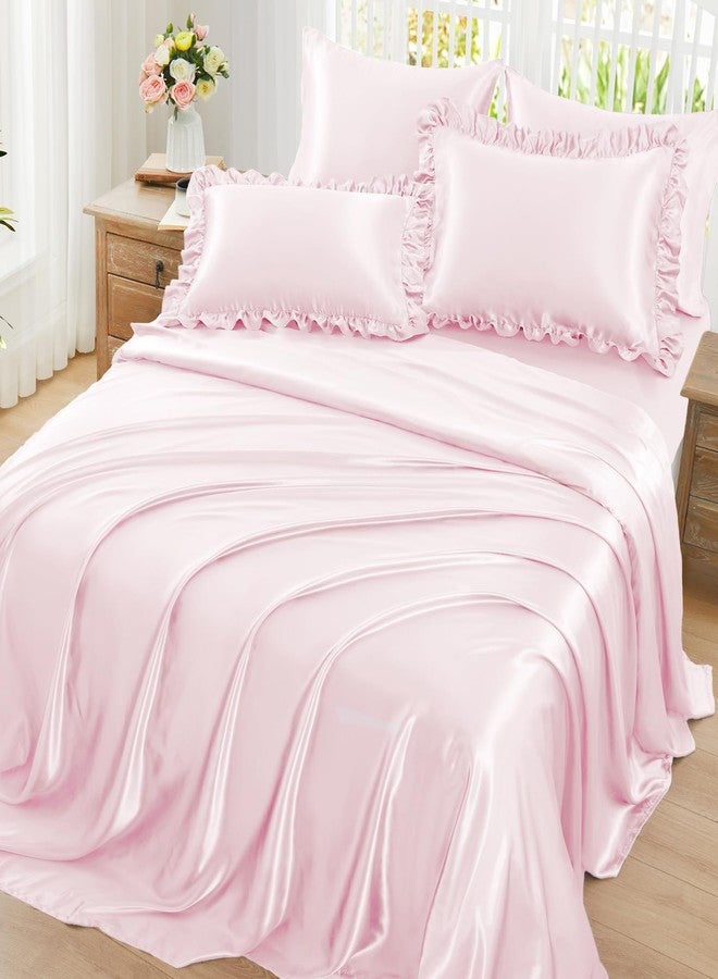 Homiest Ruffled Satin Sheets Queen Size 6pc Set - Blush Pink Bed Sheet Set with 15 Inch Deep Pocket Fitted Sheet, 1 Flat Sheet, 2 Ruffled Pillow Shams & 2 Pillowcases, Similar to Silk Sheets - Image 1