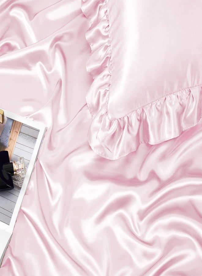 Homiest Ruffled Satin Sheets Queen Size 6pc Set - Blush Pink Bed Sheet Set with 15 Inch Deep Pocket Fitted Sheet, 1 Flat Sheet, 2 Ruffled Pillow Shams & 2 Pillowcases, Similar to Silk Sheets - Image 4